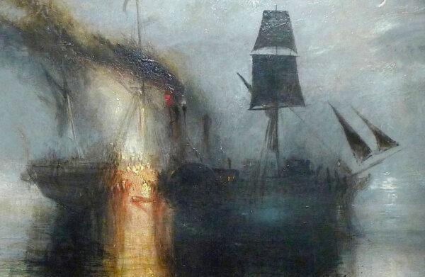 Detail of two ships performing a burial at sea. A fire burns bright yellow contrasting with the cool blues, grays, and whites of the seascape.