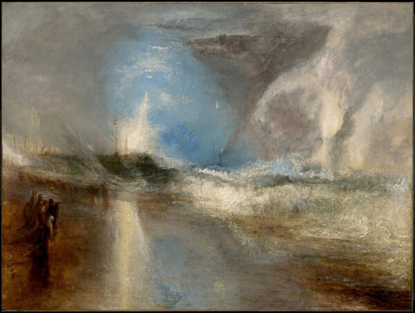 A gestural painting with heavy whites and blues depicting rockets being launched to warn boats of shallow waters