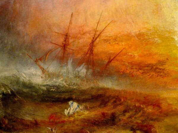 Detail of a Painting by KMW Turner of a ship at sea where slavers throw slaves overboard into the water. The painting shows the ship being swallowed in colors of deep reds, oranges and yellows.