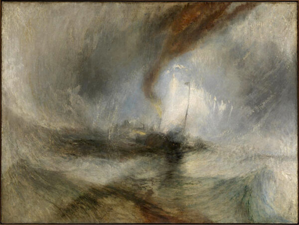 a painting of a boat in a sea storm. The gestural white, blue, and brown brush strokes show high winds surrounding the boat in the center.
