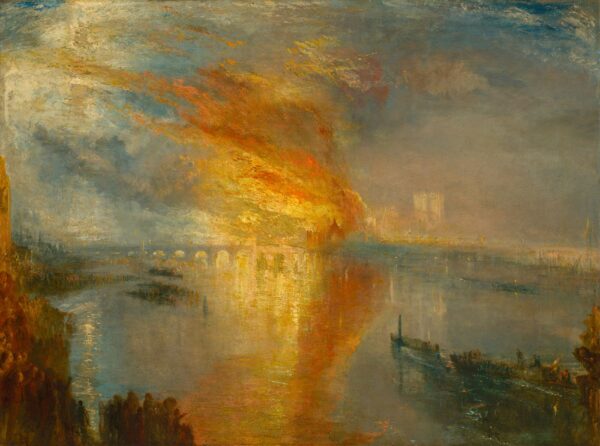 A painting of the burning of a British government building. The painting depict the waves of fire blowing in the wind and reflecting in the river Thames.