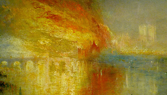 A gestural painting with thick impasto paint in bright yellows and oranges depicting a fire burning the building of Houses and Lords and Commons in London.