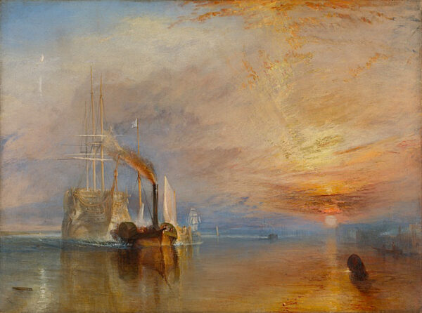 Painting of a ship at sea at sunset.