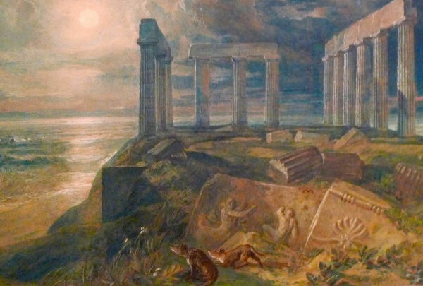 a painting of the ruins of the Temple of Poseidon.