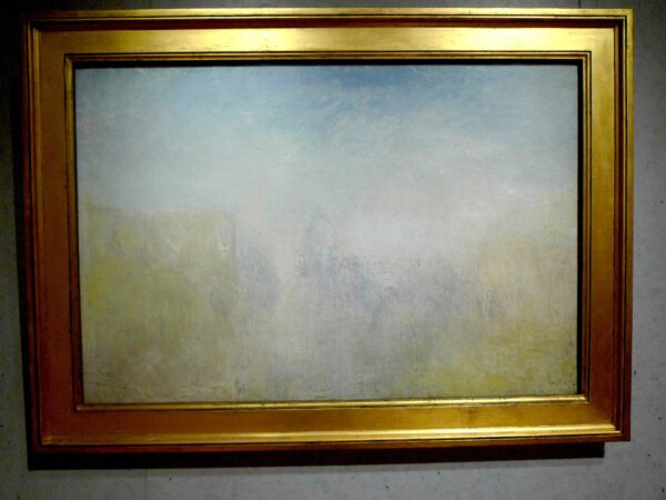 A painting by JMW Turner that is a scene of Venice with gestural brushstrokes and foggy pastel color.