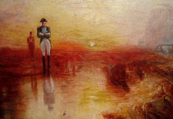 The figure of Napoleon in the foreground with the bright reds and oranges of a setting sun in the background.
