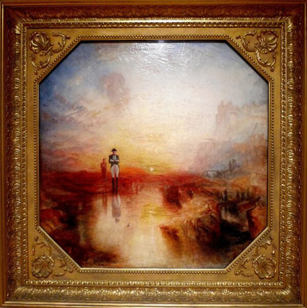 A painting of the figure of Napoleon in the landscape in front of the setting sun.