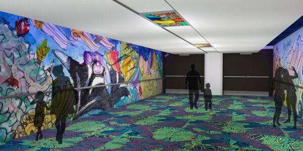 An illustrated rendering of an airport tunnel with brightly colored, marine-inspired, abstract images on the walls and carpeting. Silhouettes of figures are placed throughout to give a sense of depth and dimension.