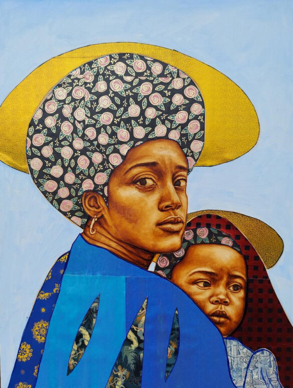 A mixed media work by Kaldric Dow. The image shows a woman holding a young child. The woman looks over her shoulder at the viewer and the child looks off to the side. The skin of both figures is painted realistically while their clothes and hair are collaged decorative materials. The background is light blue and each figure has a golden horizontally elongated oval behind their head.