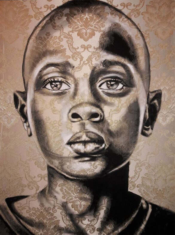 A painting of a portrait of a young Black boy. The painting is in black and white on top of decorative fabric with brown hues. Artwork by Kaldric Dow.