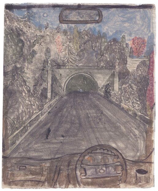 Monoprint of a view from a car about to go into a tunnel.