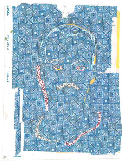 Collage of patterned cut paper showing a portrait.  Nick Barbee's drawing