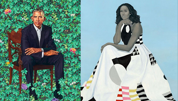 On the left is a portrait of President Barack Obama painted by Kehinde Wiley. On the right is a portrait of First Lady Michelle Obama painted by Amy Sherald.