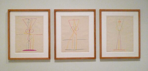 Three colored pencil drawings of a standing nude in the cubist style of Picasso
