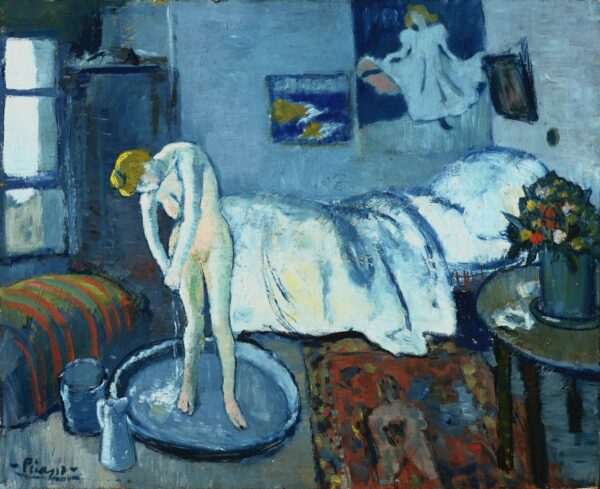 A painting of a bedroom. A nude woman figure stands at the left center in the painting. She appears to be washing herself in a basin. In the background is a bed, pushed against a wall that is covered in posters.