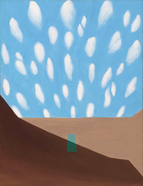 A painting by Georgia O'Keefe. The painting depicts the brown wall of a house, which is bisected diagonally by a shadow, and a blue sky with white, oval-shaped clouds.