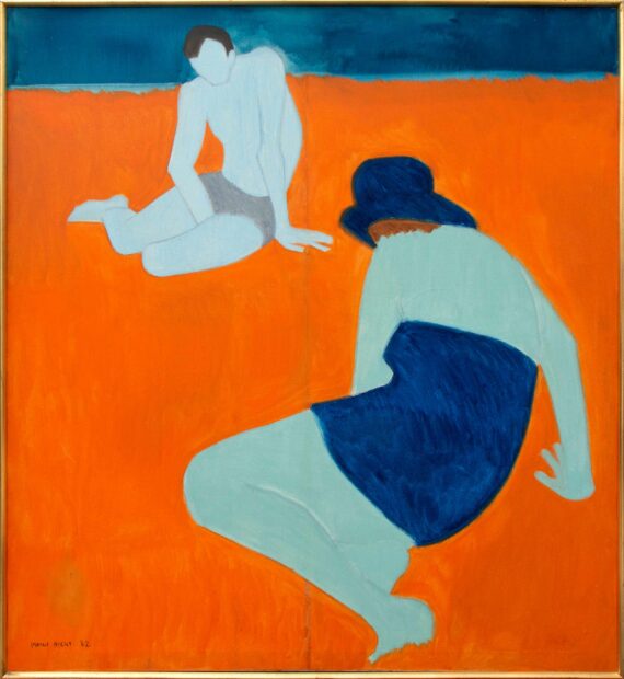 An image of two figures sitting on the beach.  The painting is very bright, with orange sand.  One character faces away from the viewer and the other forward, but has no facial features.