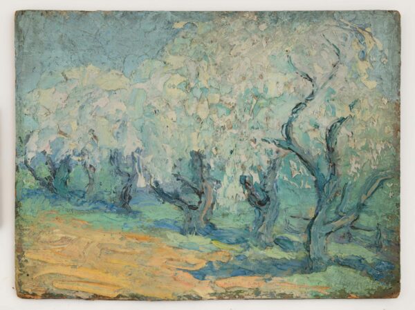 A painting of blossoming trees. The painting is very impastoed and gestural, featuring many pastel colors.