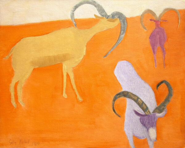 A painting featuring three horned animals. The piece is very bright, with an orange ground.