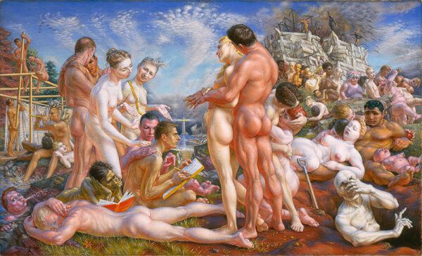 A painting by Paul Cadmus. The rectangular, horizontally oriented canvas is filled with nude figures. The figures on the left are engaged in creative acts such as building, playing music, reading, and drawing. On the right the figures seem lethargic. In the background there are hints of violence with fire and smoke in the sky. In the bottom right corner, a figure with a skull in place of it's head sits in a dugout grave and covers its face.
