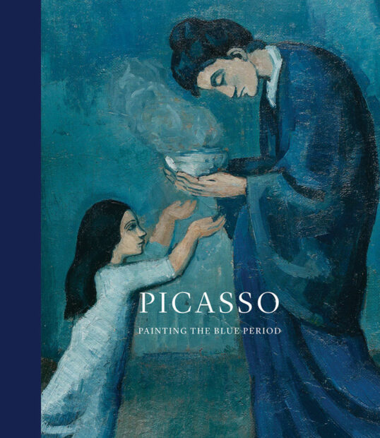 Cover of the book Picasso: Painting the Blue Period. The cover features a painting of a woman, at left, and a girl, at right. The woman is holding a bowl of soup and giving it to the girl. Both women are wearing dresses that are different shades of blue.