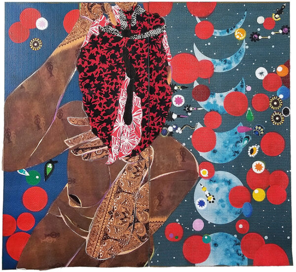 An artwork created by painting on two yoga mats that are placed side by side. The painted image is of a brown nude female figure. Her hands and face are covered in patterns. The background depicts moon phases, designs that resemble earrings and jewelry, and red circles. 
