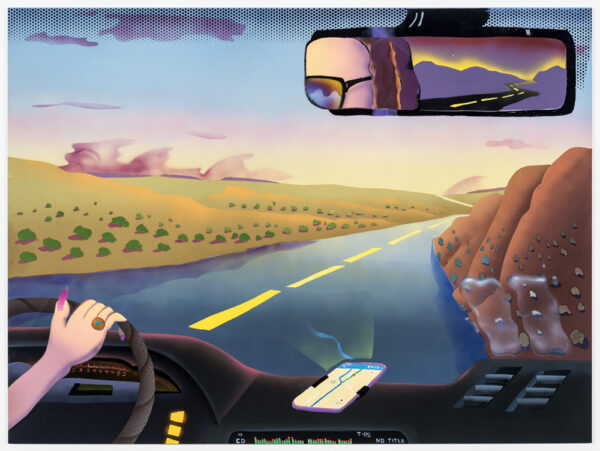Painting of an open road landscape. There's a phone on the car dashboard and you can see a portion of the driver's reflection in the rearview mirror.