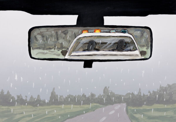 A print showing a cop car in a car's rear view center mirror. In front of the car is a landscape and a road.
