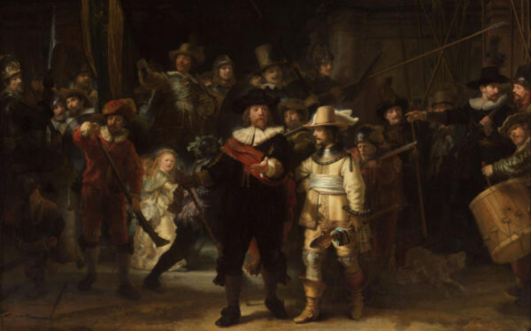 A painting featuring a number of characters, dressed in 17th century Dutch clothing — floppy hats, white collars, etc. Some figures are holding guns, another is beating a drum, and others are gesturing. It is a chaotic scene.