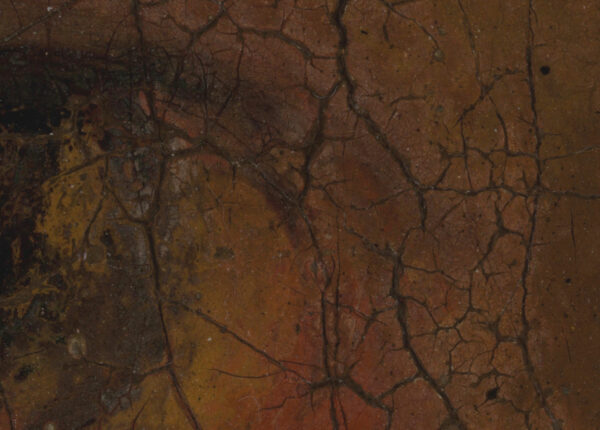 Close up detail of a painting. Featuring cracked paint and orange/red coloring.