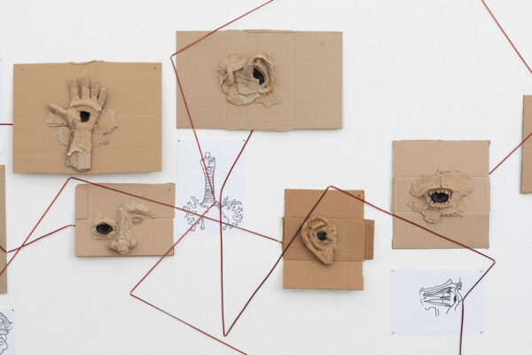 A photograph of an installation by Steve Parker. Five cardboard sculptures of body parts are care hanging on a white gallery wall. Each sculpture has a small black speaker embedded in one part of it. A red wire or thread is also adhered to the wall making connecting lines between each of the sculptures. There are also two line drawings of body parts on white paper adhered to the wall.