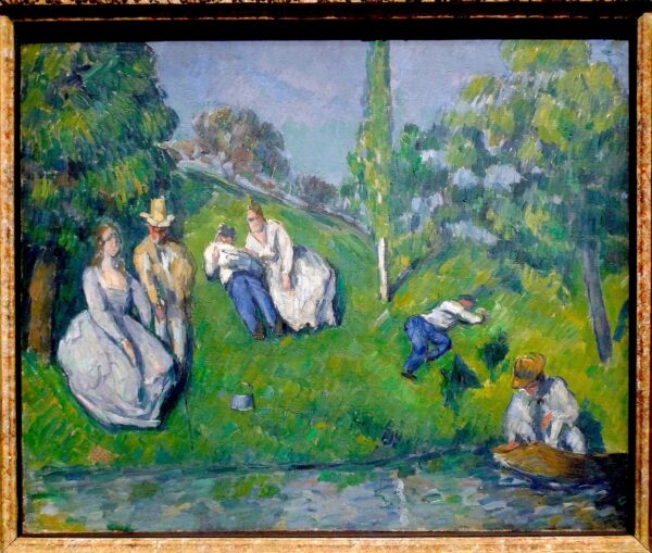 A painting by Paul Cezanne with figures lounging by a pond