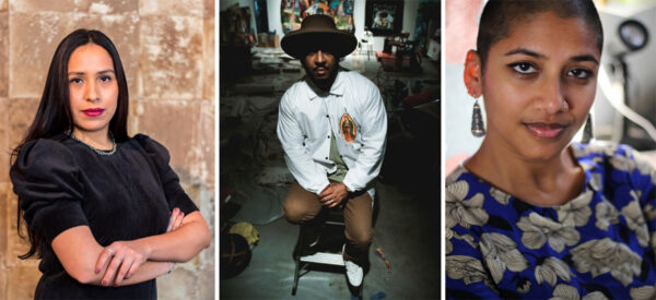 A combined image of three separate photographs of artists. On the left, Verónica Gaona stands with arms crossed in front of her and looks directly at the camera. She stands against a a light brown background. In the middle, artist Robert Hodge sits on a step stool. He wears a brimmed hat which casts a dramatic shadow over his eyes. On the right, artist Preetika Rajgariah wears a floral top and looks straight at the camera.