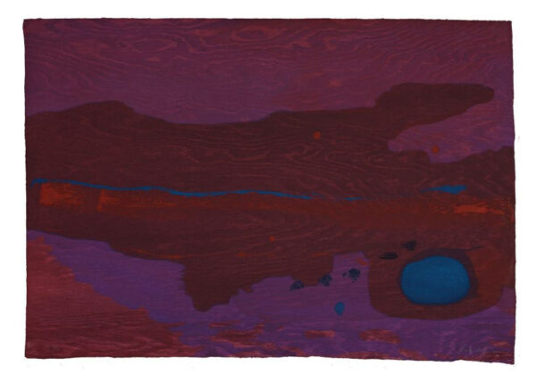 A print by Helen Frankenthaler. The print is made up of abstract organic shapes in shades of deep purple, maroon, purple, and hints of dark blue.