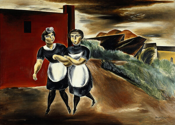 A painting by Yasuo Kuniyoshi. In the foreground of the painting are two women dressed as waitresses wearing black dresses with white aprons. They walk outdoors with a dark red building behind them to the left. On the right, the background extends into the distance and includes a dirt path, green grass, rock formations, distant mountains, and an ominous sky with gray and black clouds.