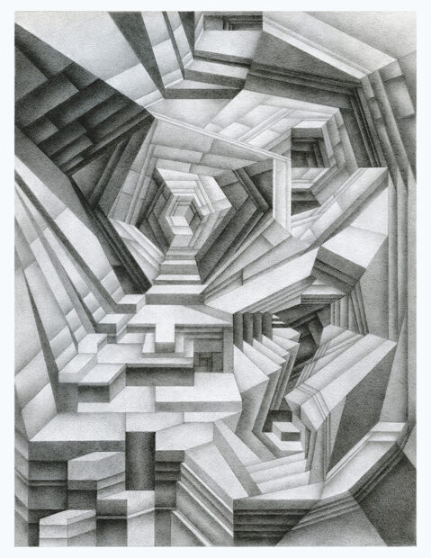 A graphite drawing of squares and rectangles drawn in perspective to resemble cascading staircases or spaces. The drawing is created as an optical illusion which can be confusing for the viewer to make sense of. 
