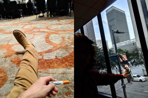 Two photographs: on the left shows the POV of a person sitting on the ground, leg out, holding a tube of glue. On the right is a photograph taken of a man pointing out of a window at the banner of a cow.