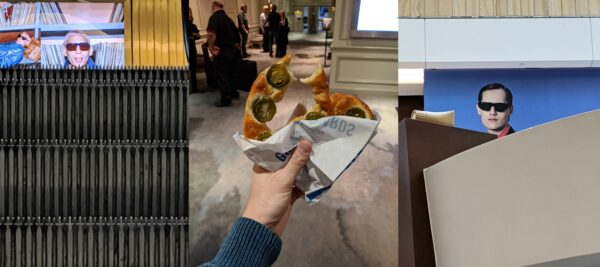 Three photos: on the right is an image of a figure peeking over a fence, in the middle is a POV of a person holding a baked soft pretzel, and on the right is a figure looking over a few different walls.