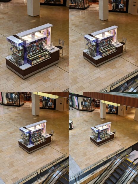 Four photographs of a vape kiosk inside of a mall.