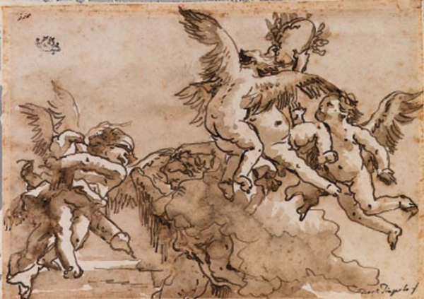 Pen and ink drawing of Putti flying in front of a cloud