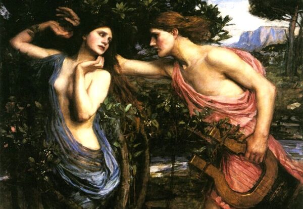 Detail of a painting of Daphne turning into a Laurel tree as Apollo tries to grab her hand