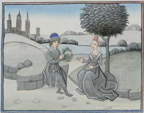Book illumination of Daphne and Apollo. Apollo holds a Laurel crown and Daphne is sitting in front of a tree