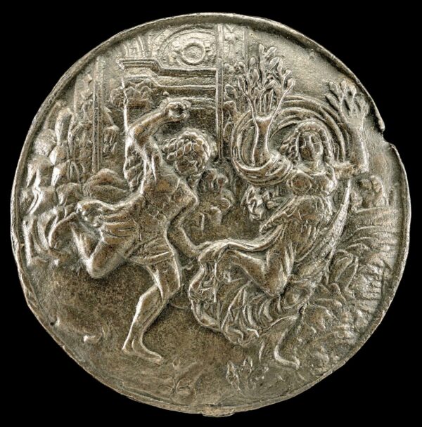 A small round bronze of miniature of Apollo chasing Daphne