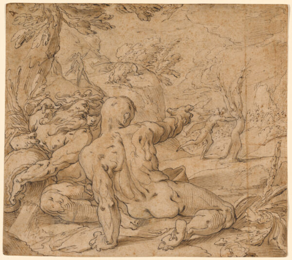 A drawing of the river gods watching as Apollo pursues Daphne
