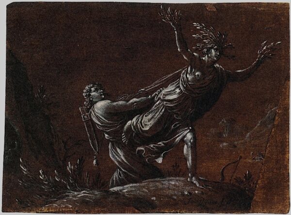 A drawing of Apollo pursuing Daphne as she turns into a tree