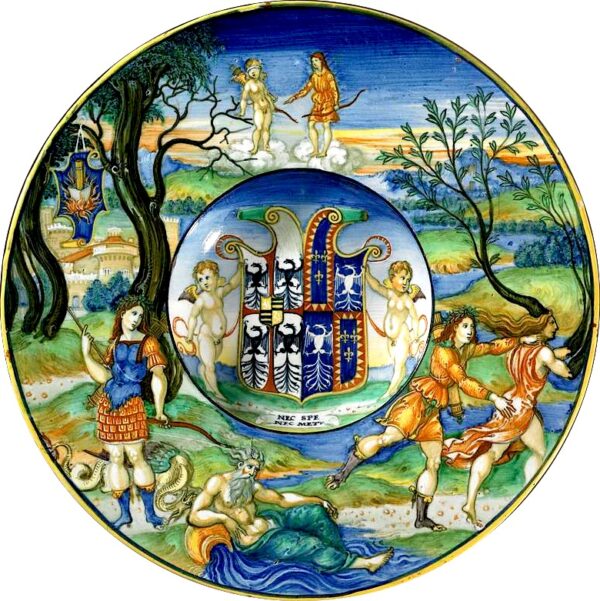 A plate with the story of Apollo and Daphne painted on it
