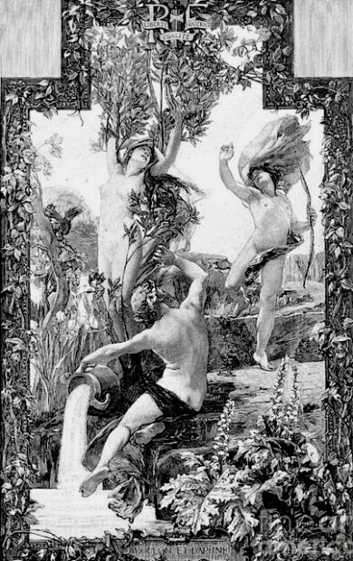 Intricate engraving of Daphne transforming into a Laurel tree with Apollo at her feet