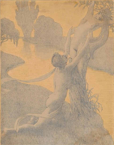 Lithograph of Apollo reaching for Daphne as she transforms into a tree