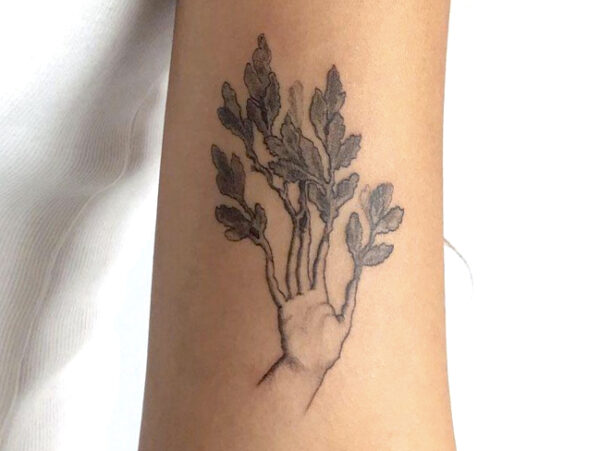 A tattoo of Daphne's hand as her fingers convert to Laurel branches