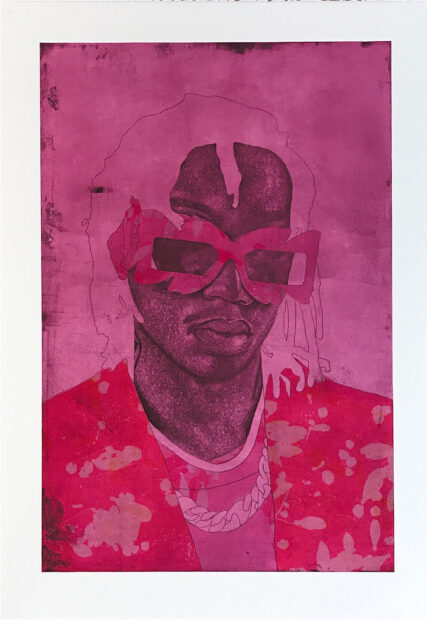 A print by Adrian Armstrong from his "Portrait" series. A young black man wears oversized glasses which obscure his eyes. He also wears a shirt covered by a blazer. The whole image is tinted pink.